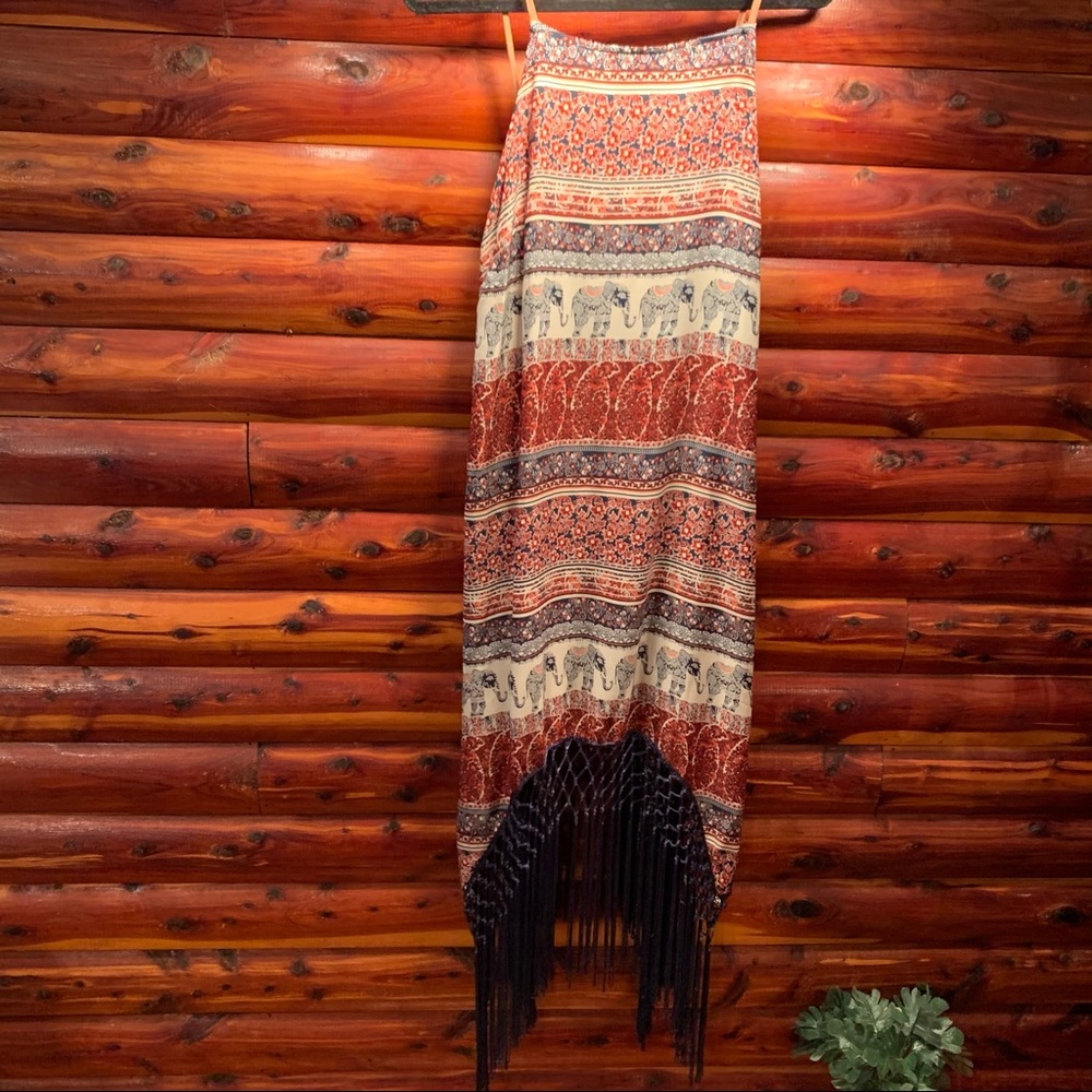 Long dress with fringed bottom suede straps